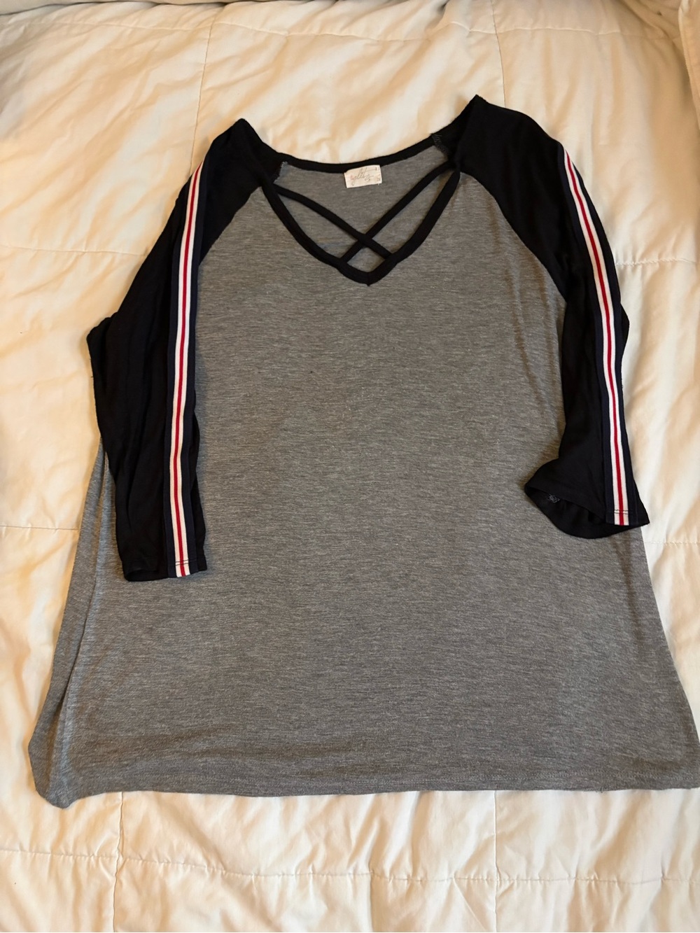 Gray and Black Crisscross Raglan Long Sleeve Tee with Stripe Detail